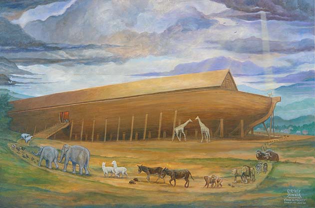 Here's the finished ark painting. The elephants, alpacas, burros, baboons and giraffes were actually on site, and were wonderful to see almost every day. I was advised by the director, Tom Shadyac, that digital imagery would add hundreds of other animals. Steve Carell was at the prow of the ark filming a scene when I painted his teeny figure complaining "Where's the flood!!"